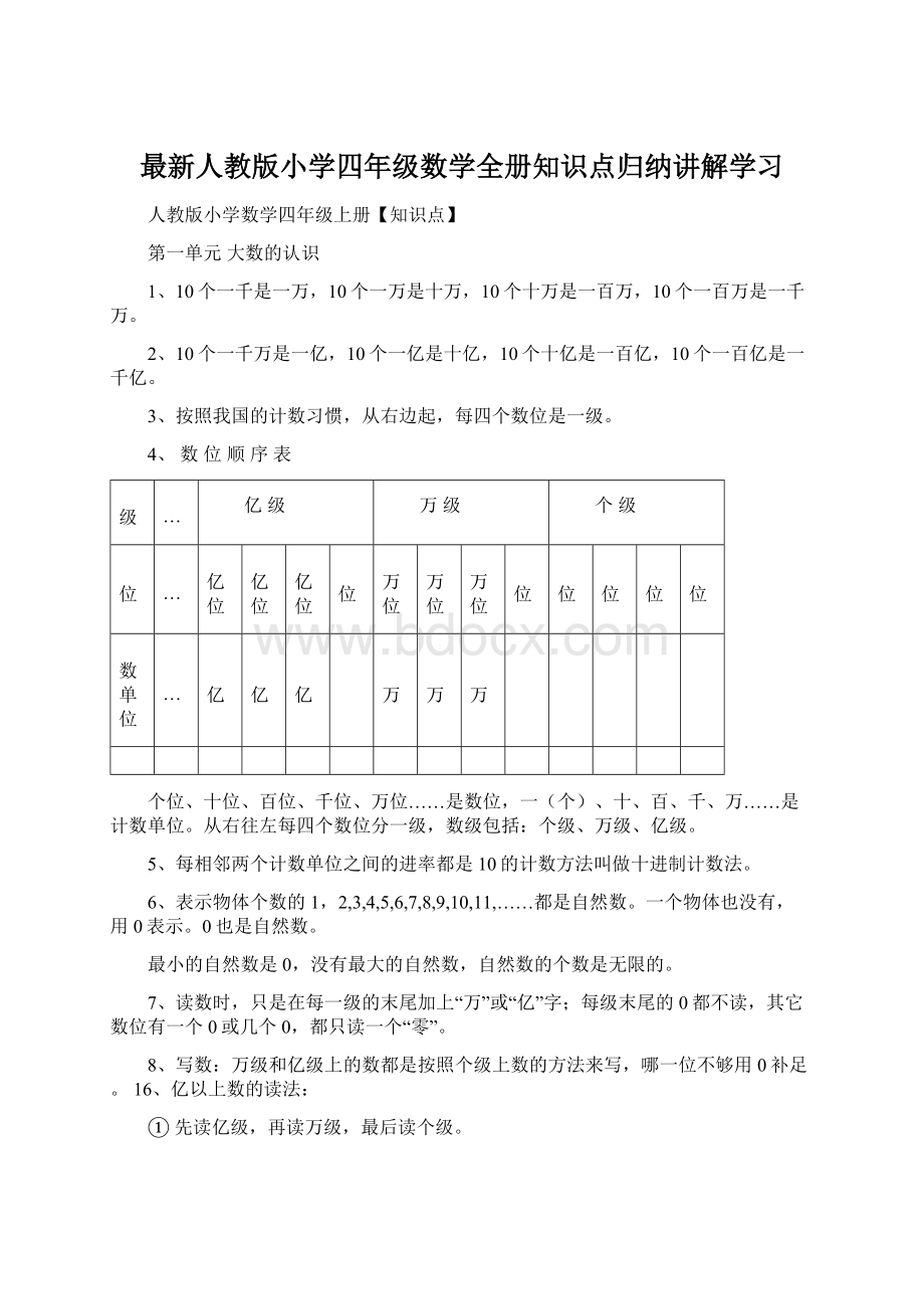 最新人教版小学四年级数学全册知识点归纳讲解学习.docx_第1页