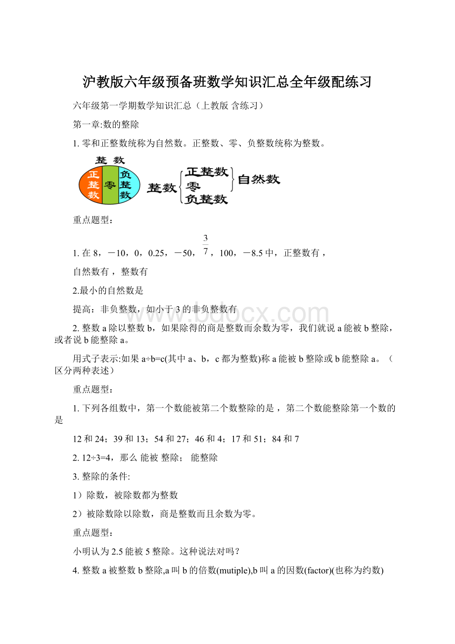 沪教版六年级预备班数学知识汇总全年级配练习.docx