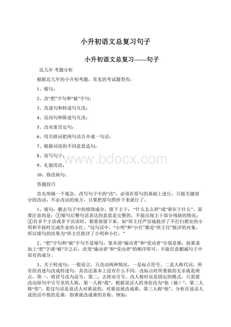 小升初语文总复习句子Word文件下载.docx_第1页