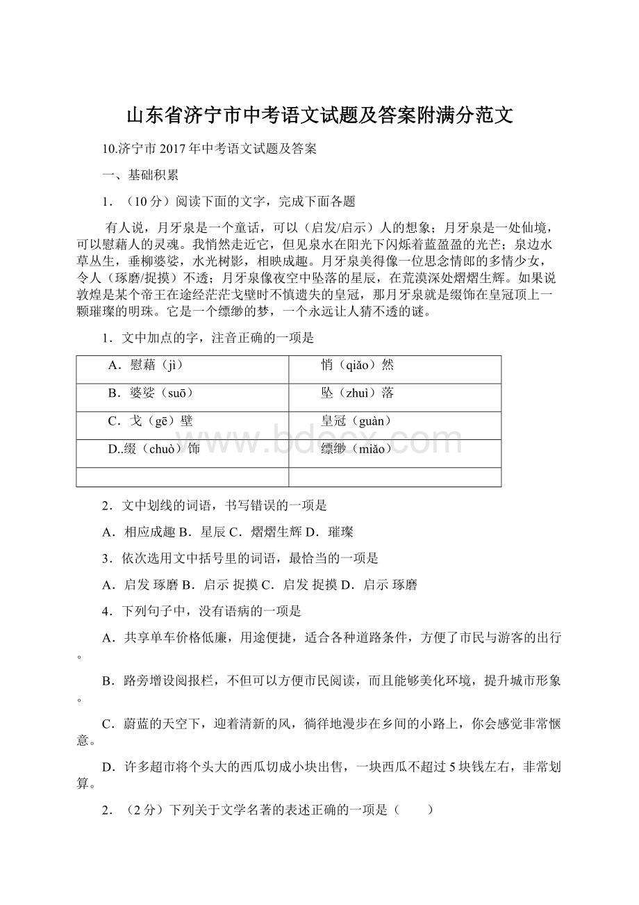 山东省济宁市中考语文试题及答案附满分范文.docx