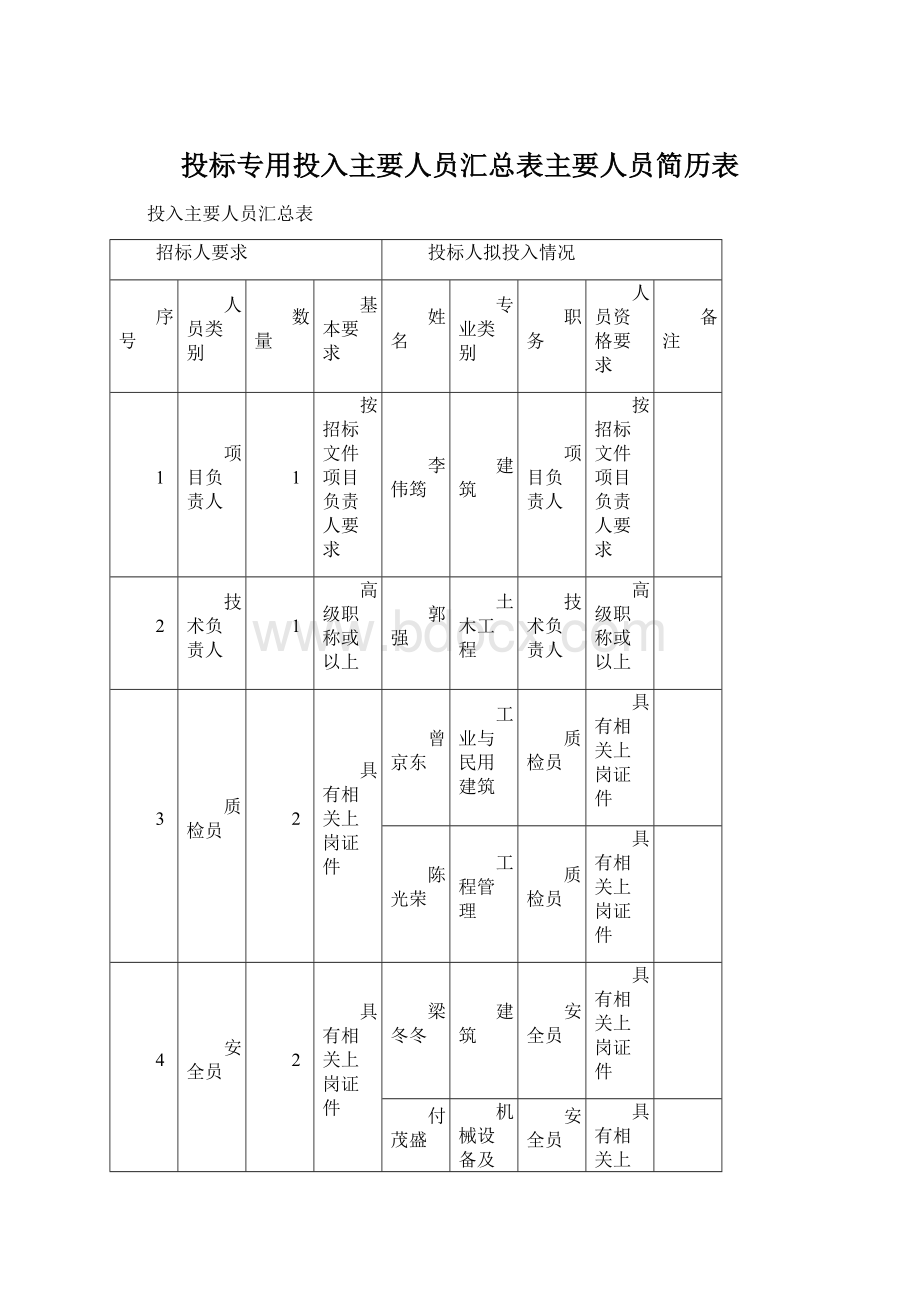 投标专用投入主要人员汇总表主要人员简历表Word格式文档下载.docx