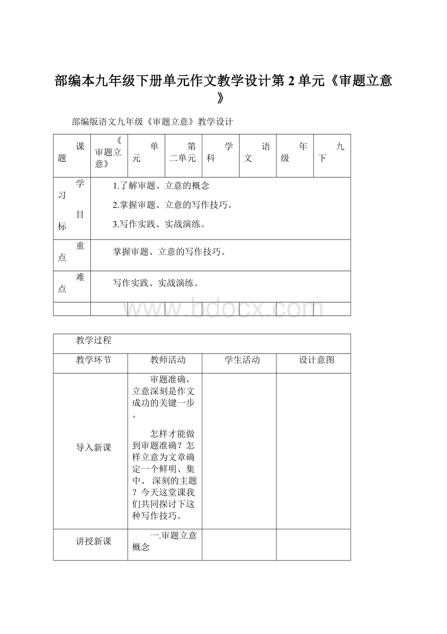 部编本九年级下册单元作文教学设计第2单元《审题立意》.docx