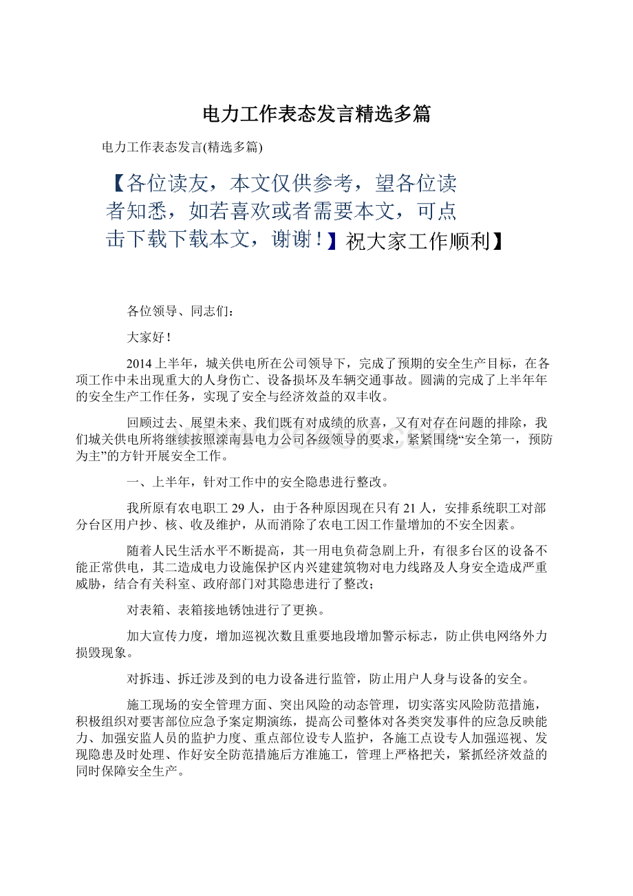 电力工作表态发言精选多篇Word格式文档下载.docx_第1页