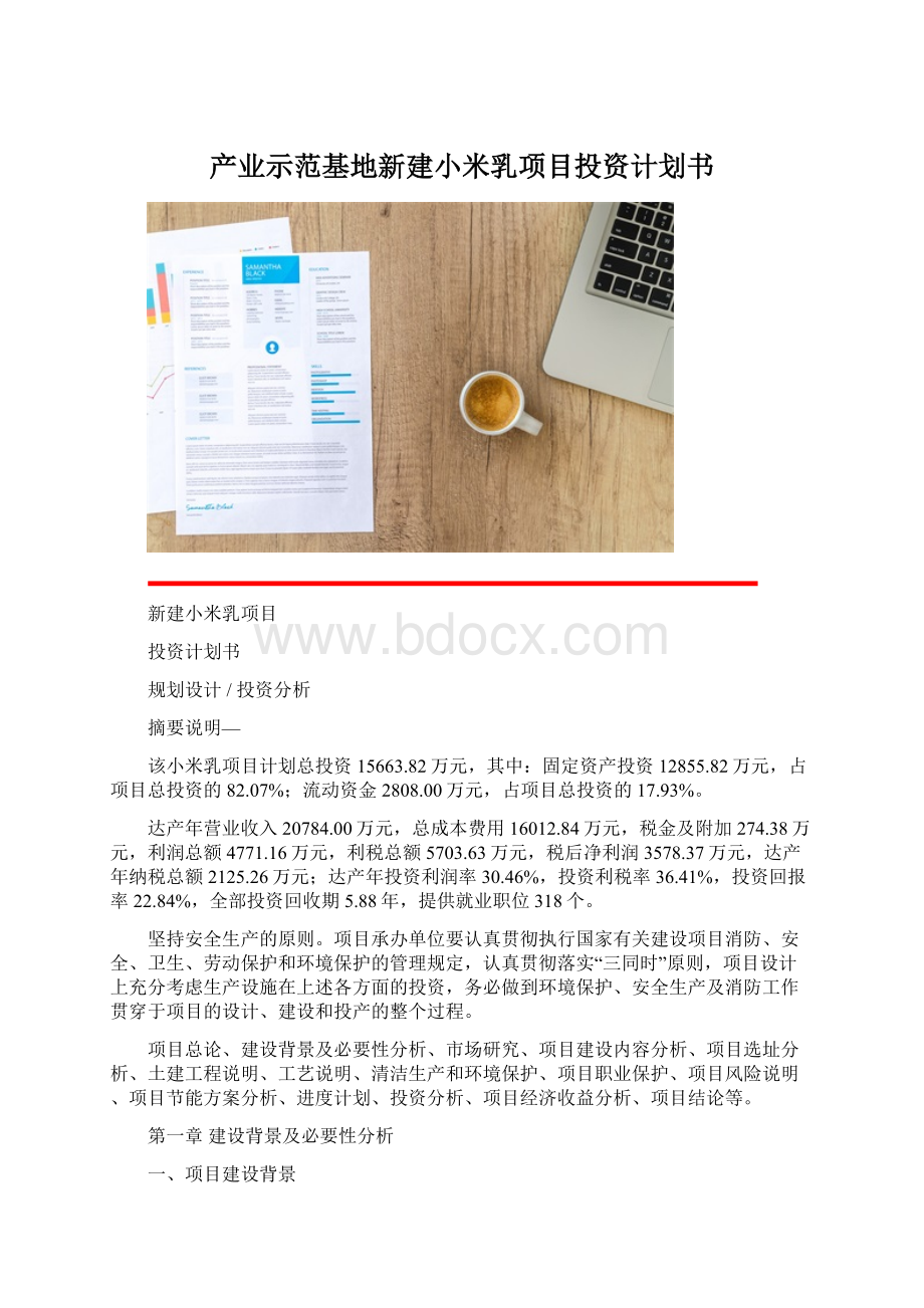 产业示范基地新建小米乳项目投资计划书Word文档下载推荐.docx