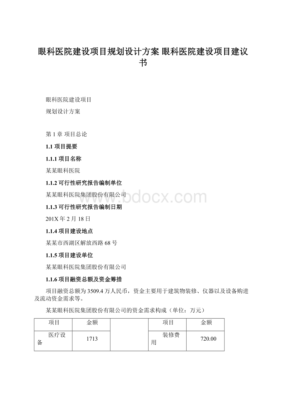 眼科医院建设项目规划设计方案 眼科医院建设项目建议书.docx