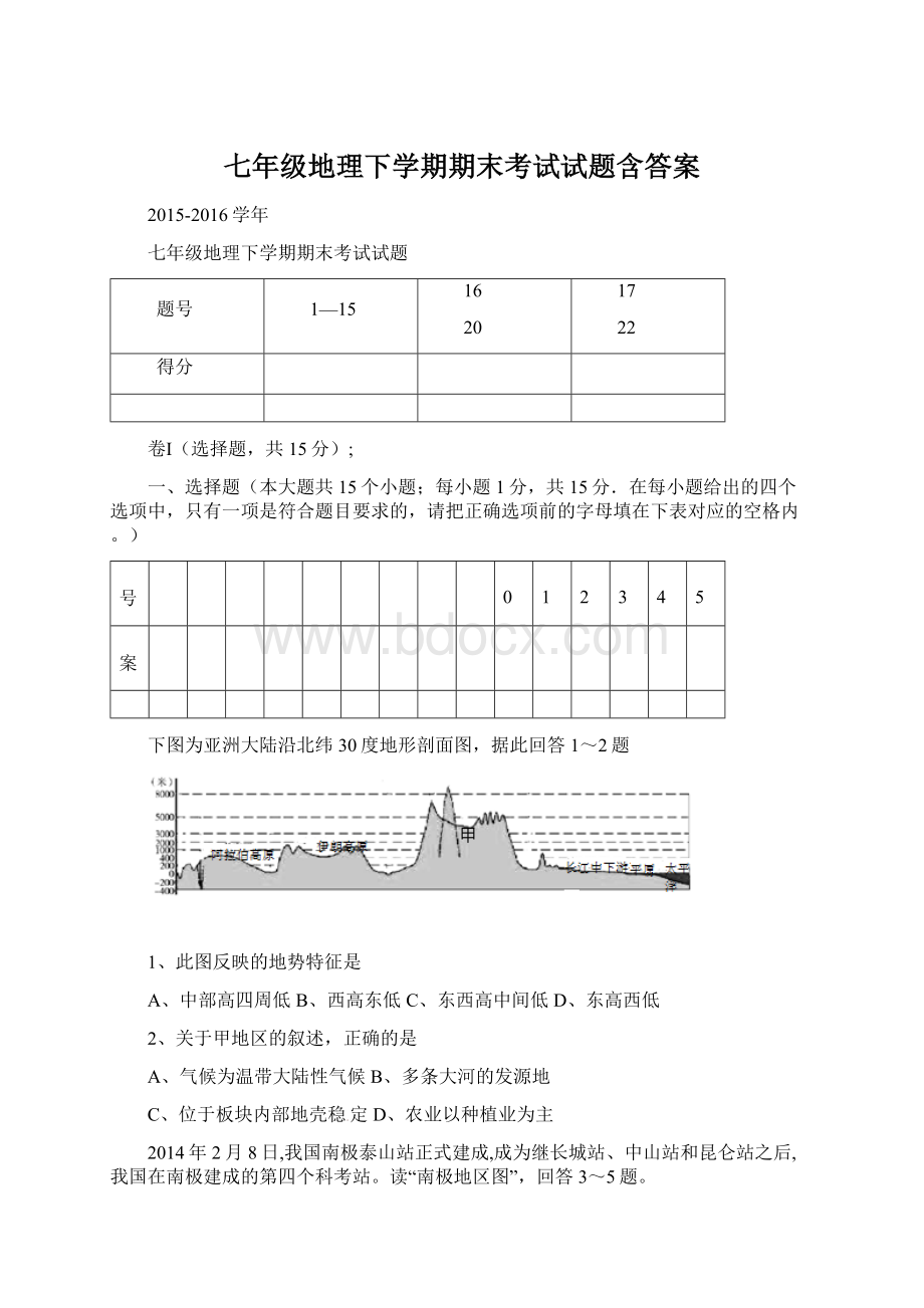 七年级地理下学期期末考试试题含答案Word文件下载.docx_第1页