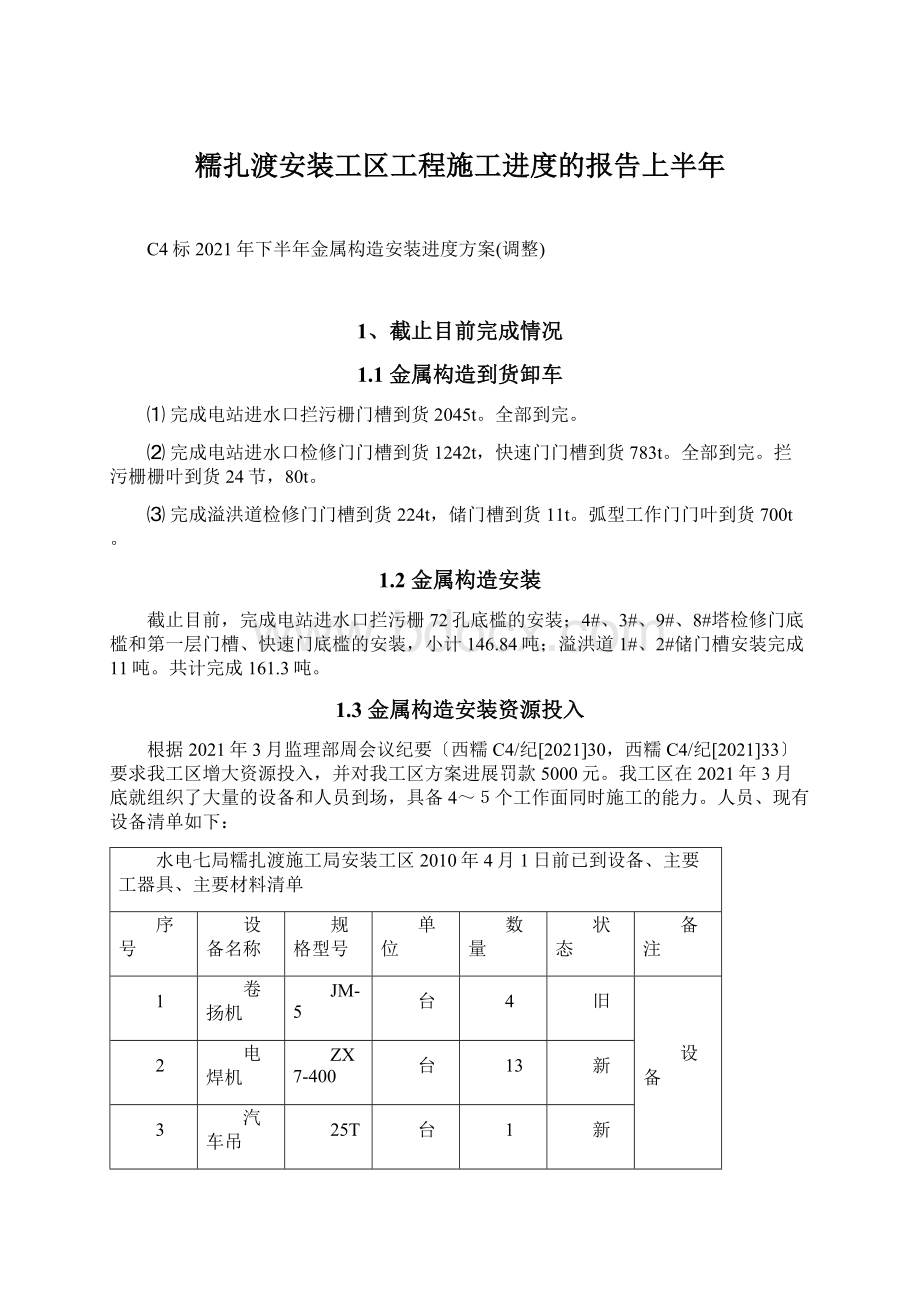 糯扎渡安装工区工程施工进度的报告上半年.docx