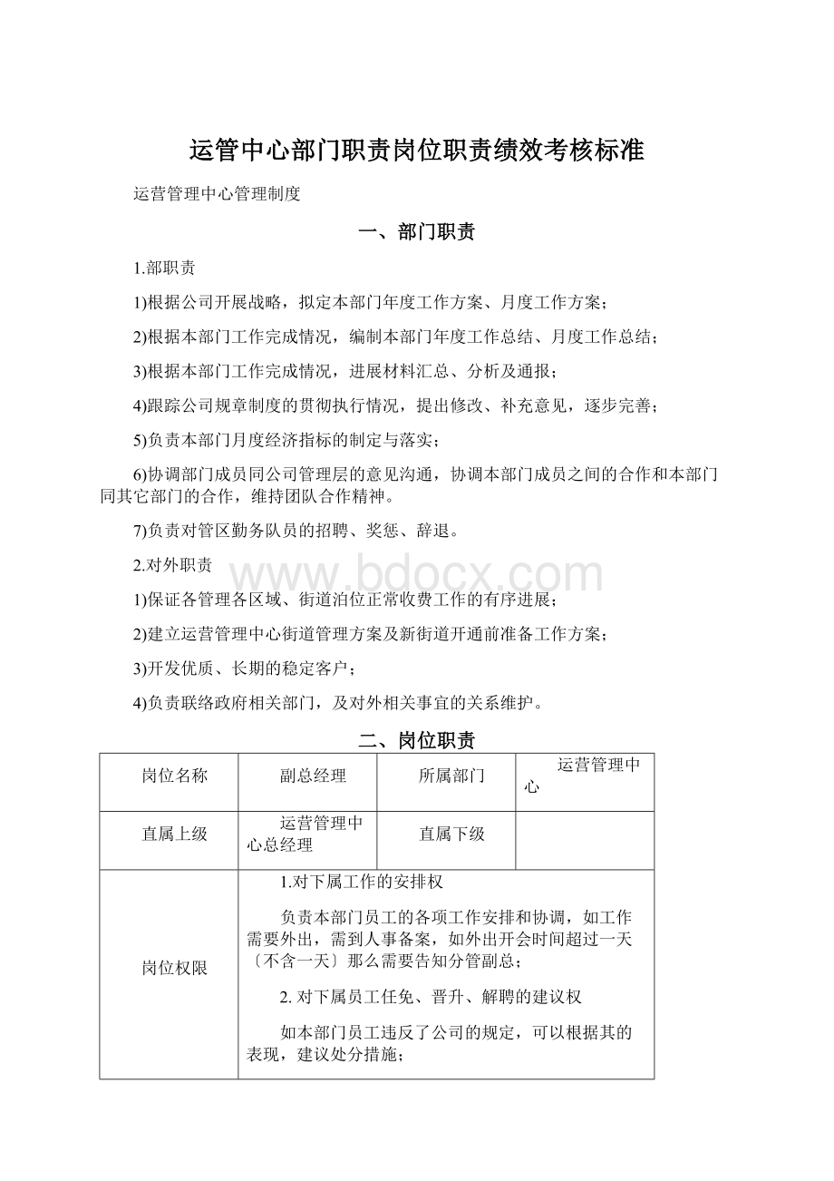 运管中心部门职责岗位职责绩效考核标准.docx