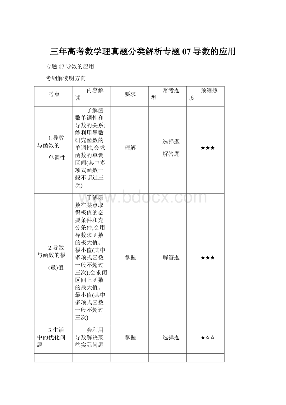 三年高考数学理真题分类解析专题07导数的应用.docx