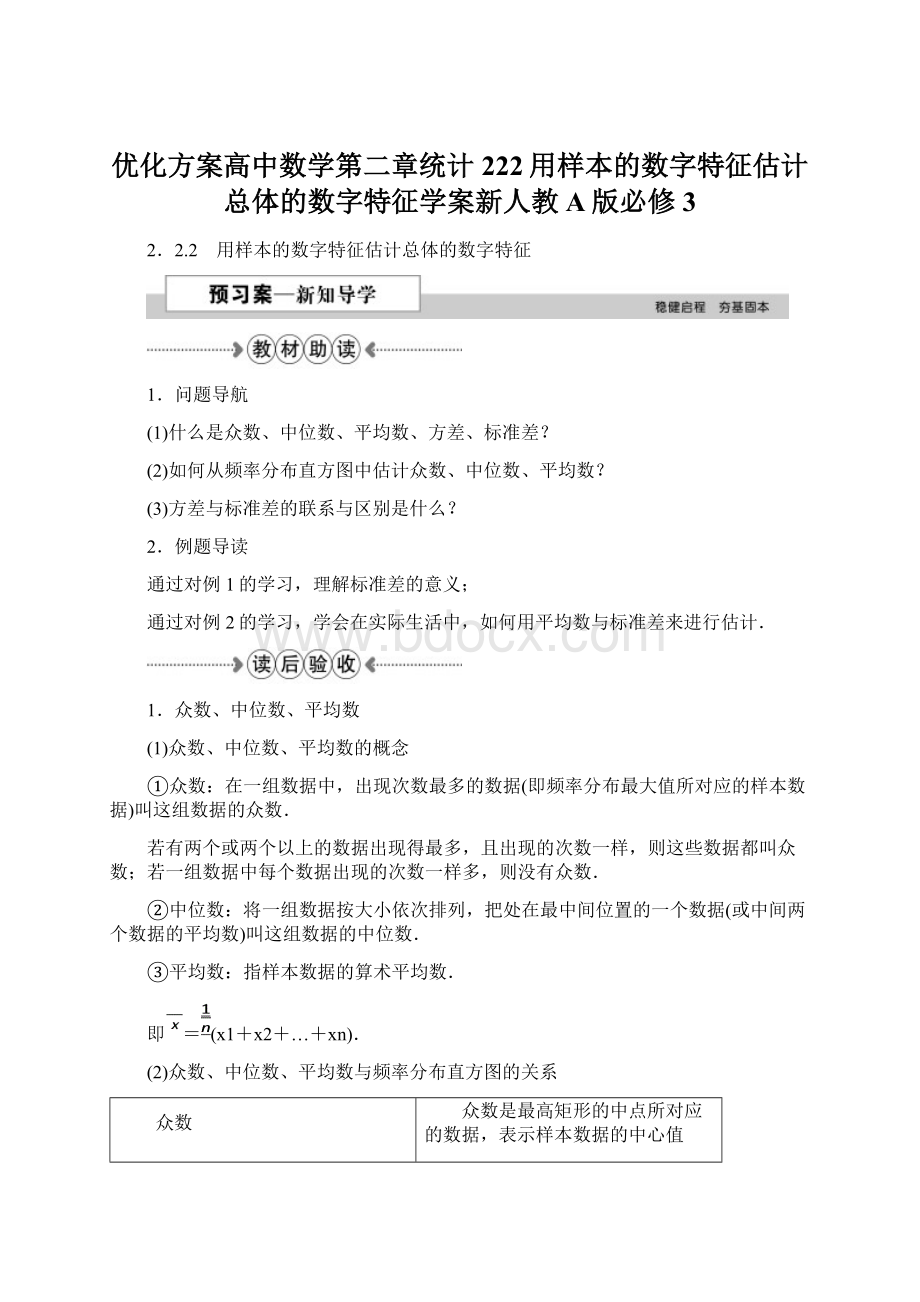 优化方案高中数学第二章统计222用样本的数字特征估计总体的数字特征学案新人教A版必修3.docx