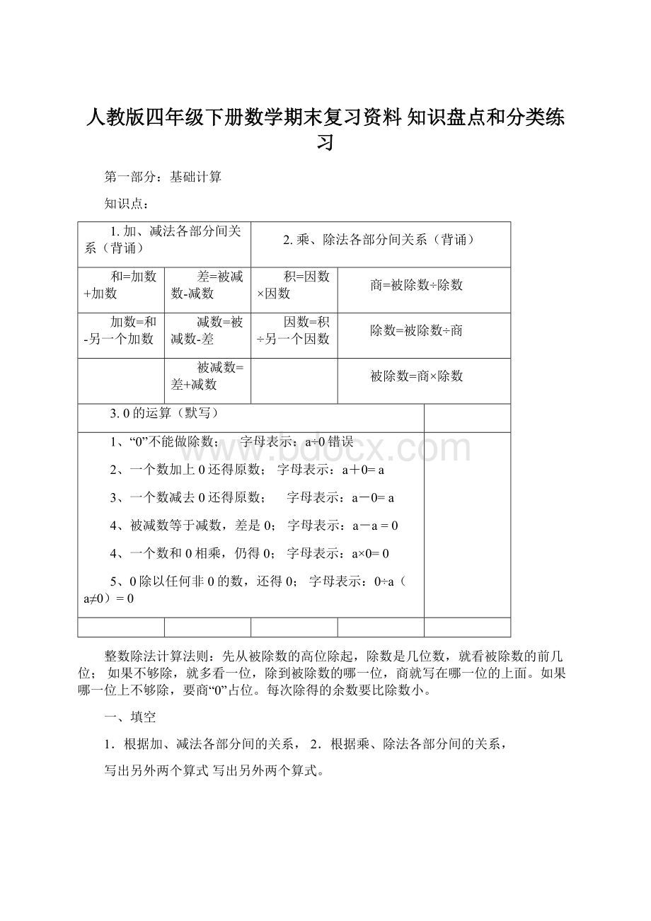 人教版四年级下册数学期末复习资料 知识盘点和分类练习Word格式.docx_第1页