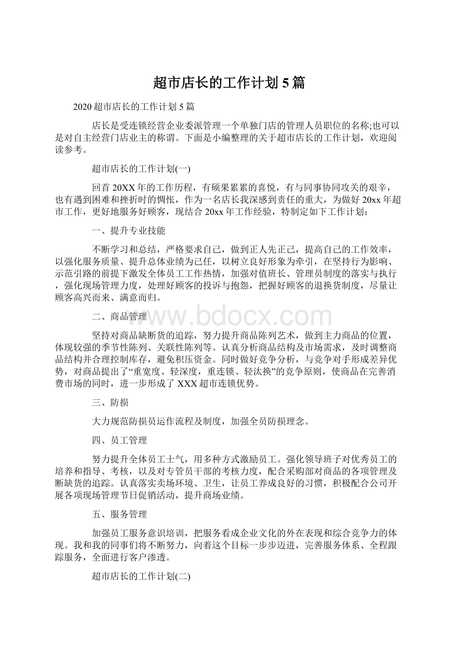 超市店长的工作计划5篇文档格式.docx_第1页