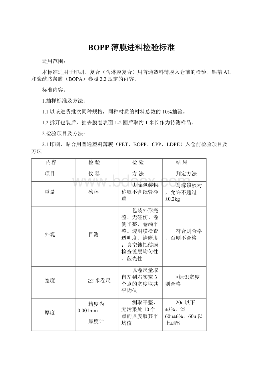 BOPP薄膜进料检验标准Word文档格式.docx_第1页