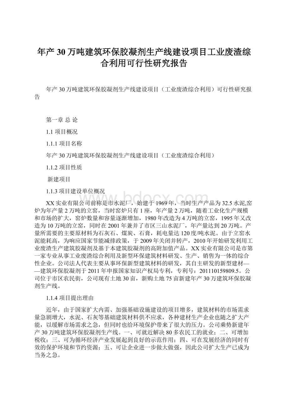 年产30万吨建筑环保胶凝剂生产线建设项目工业废渣综合利用可行性研究报告Word文档格式.docx_第1页