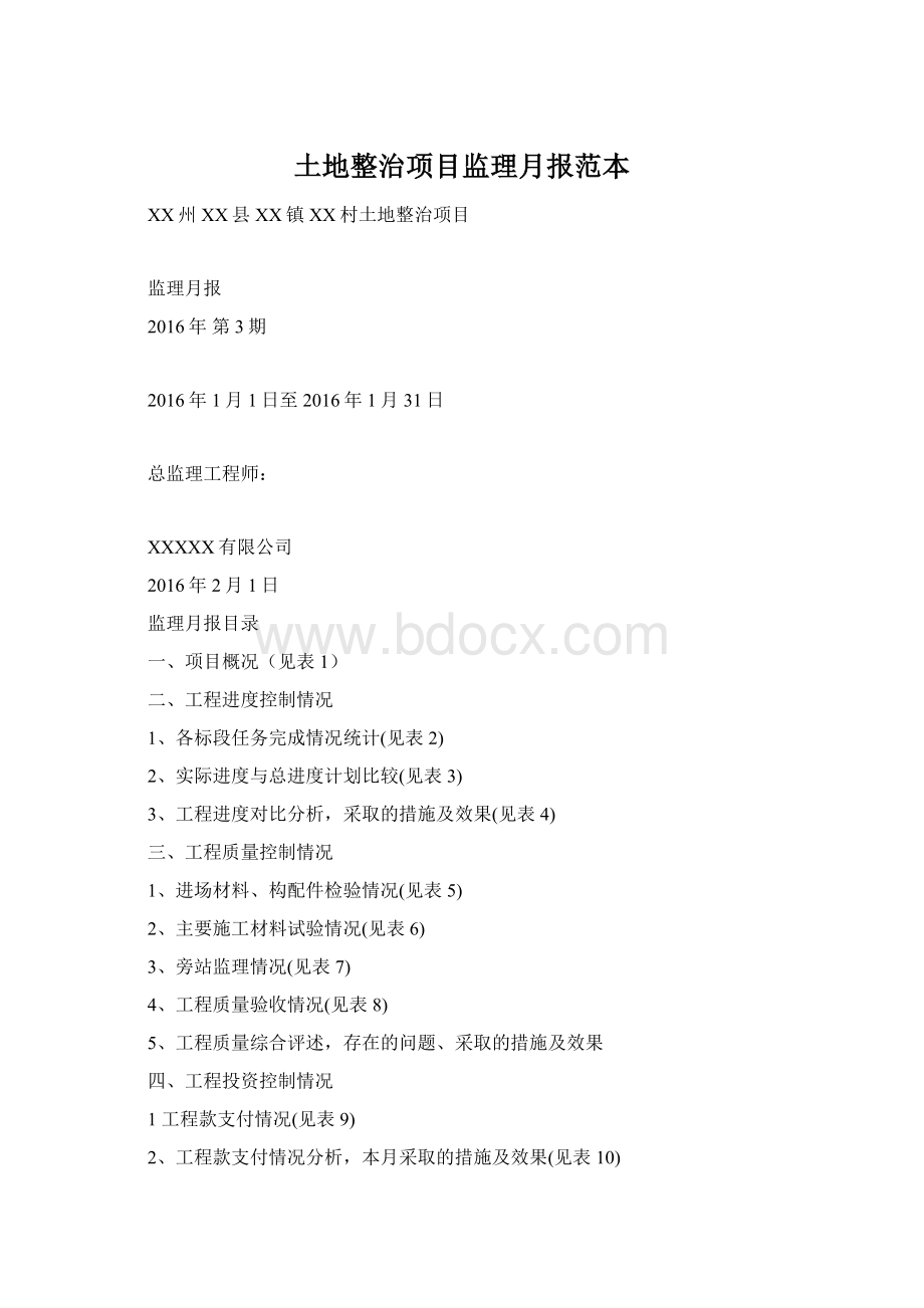 土地整治项目监理月报范本Word文档下载推荐.docx_第1页