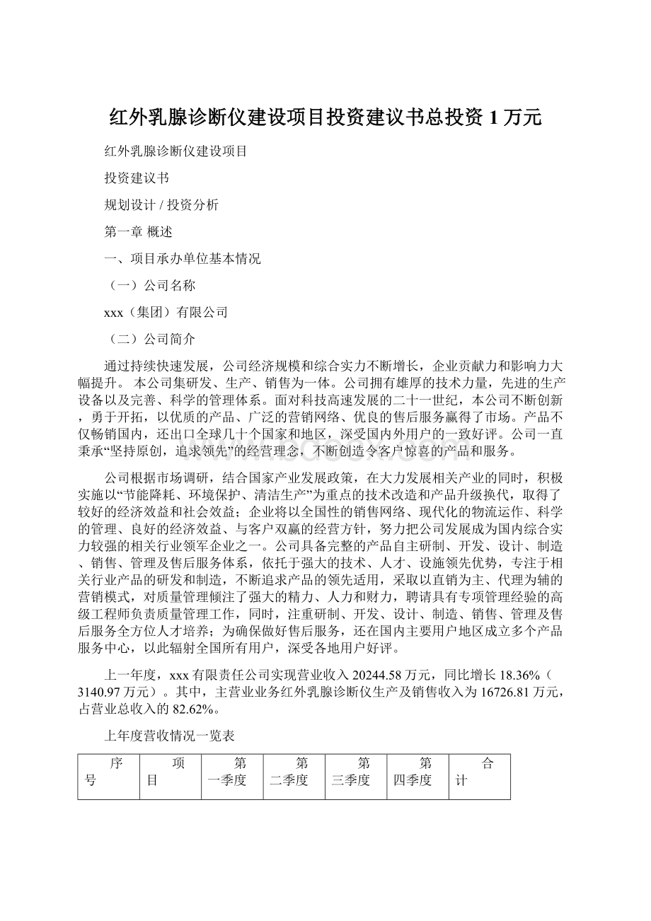 红外乳腺诊断仪建设项目投资建议书总投资1万元.docx