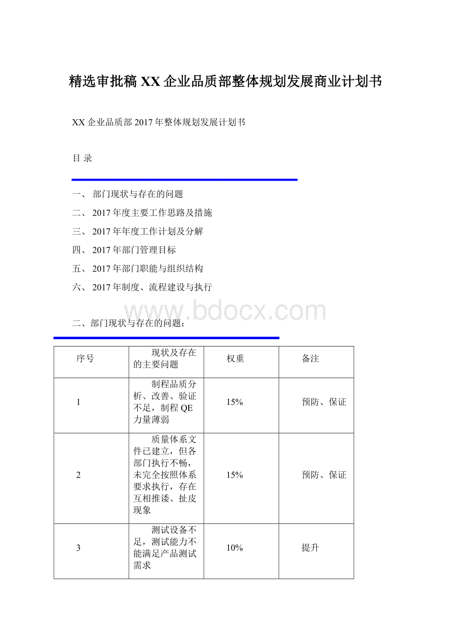 精选审批稿XX企业品质部整体规划发展商业计划书.docx