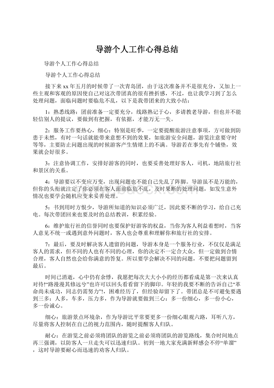 导游个人工作心得总结Word文档格式.docx