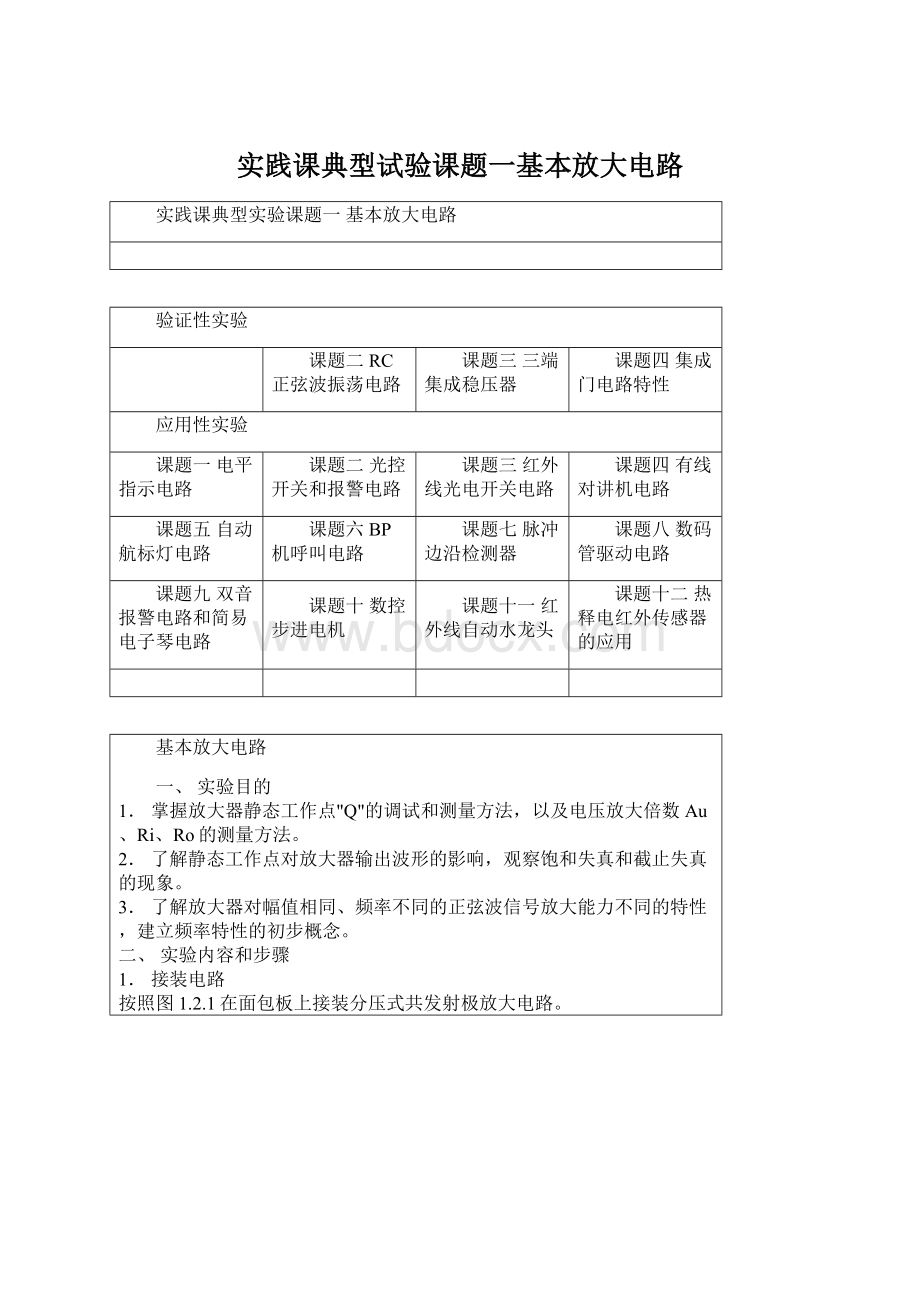 实践课典型试验课题一基本放大电路Word文档下载推荐.docx