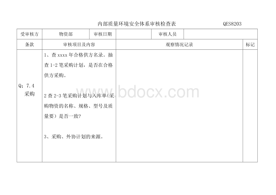 物资部-内部质量环境安全体系审核检查表Word文档格式.doc