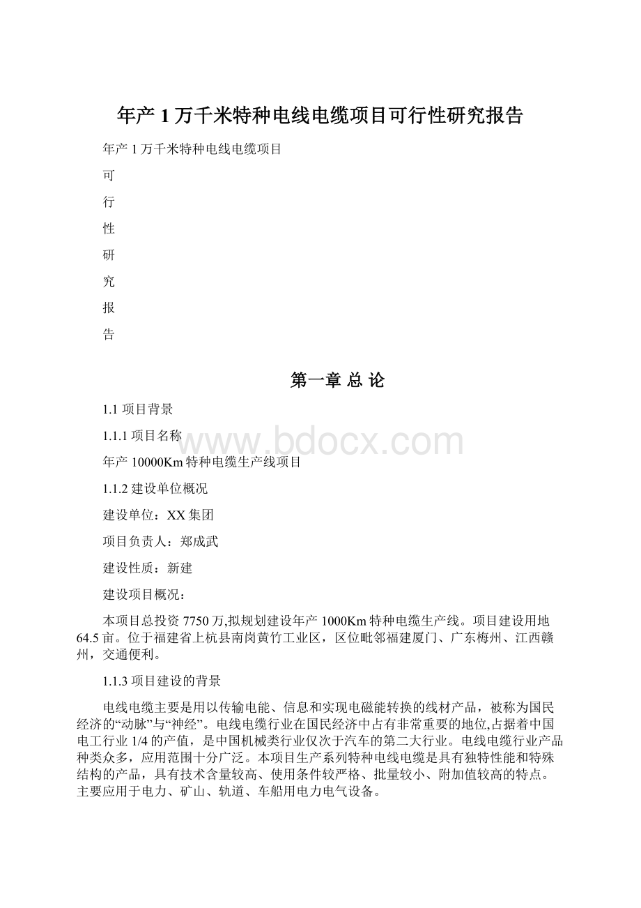 年产1万千米特种电线电缆项目可行性研究报告Word格式.docx_第1页