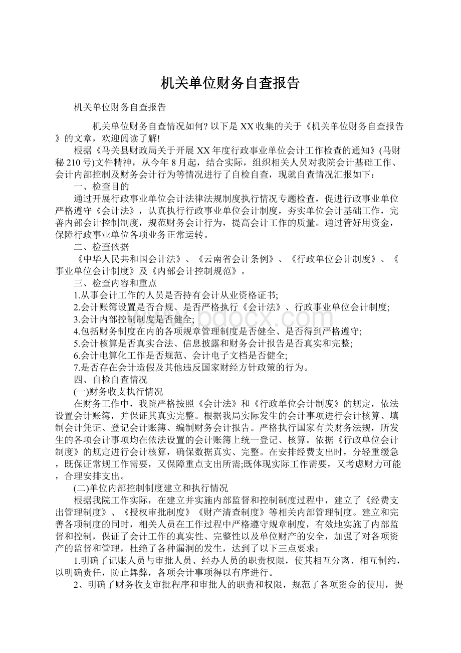 机关单位财务自查报告Word格式文档下载.docx