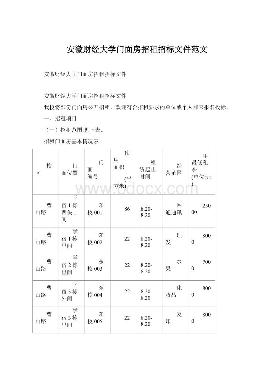 安徽财经大学门面房招租招标文件范文Word文档格式.docx