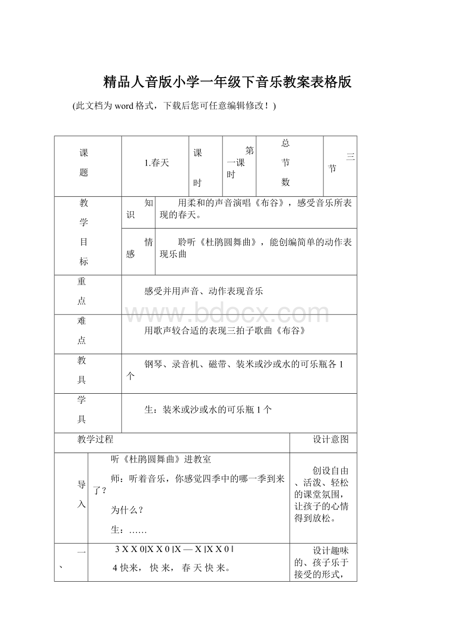 精品人音版小学一年级下音乐教案表格版Word文件下载.docx