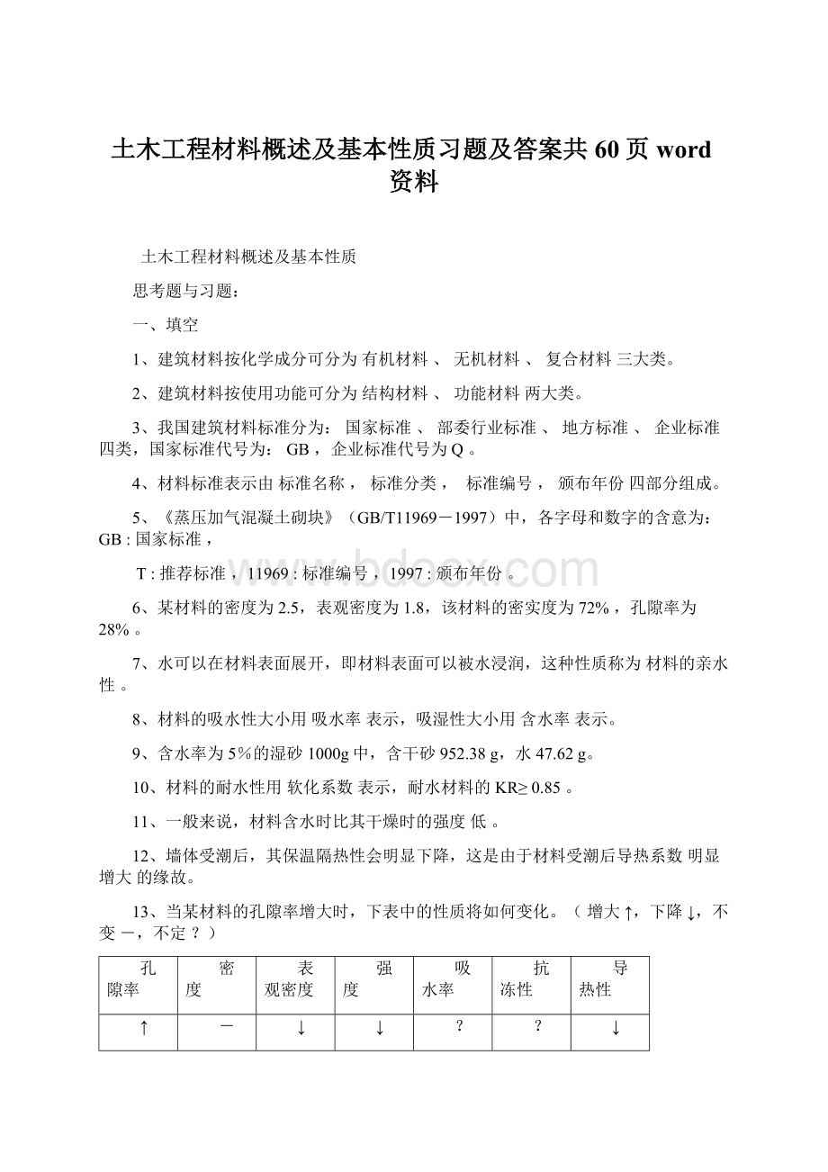 土木工程材料概述及基本性质习题及答案共60页word资料Word文档下载推荐.docx