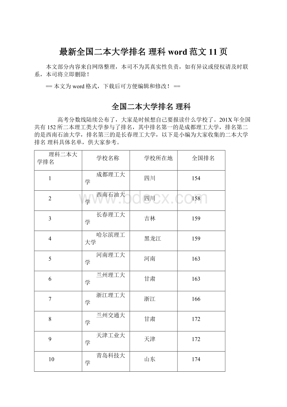 最新全国二本大学排名 理科word范文 11页Word下载.docx_第1页