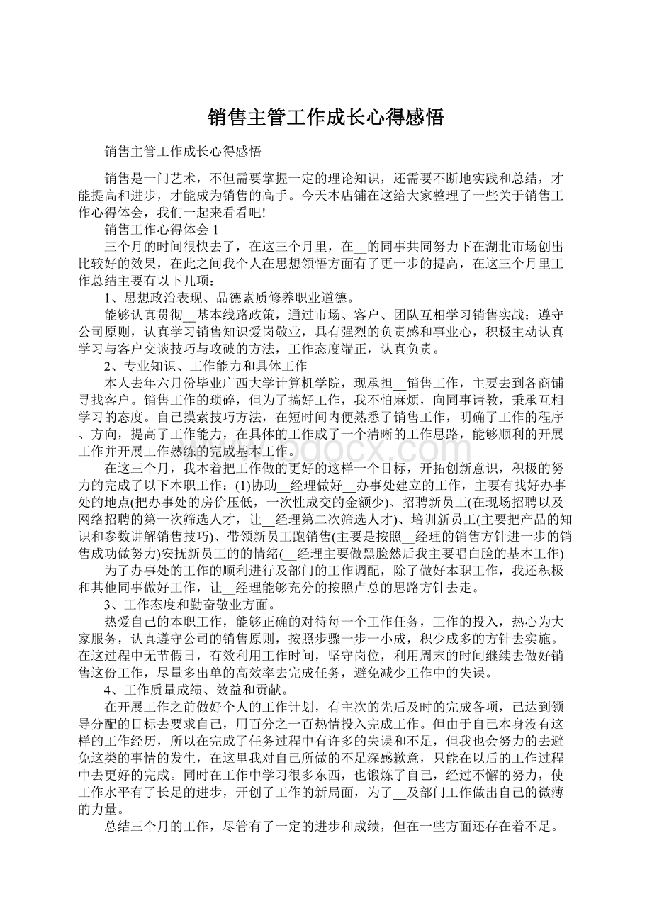 销售主管工作成长心得感悟Word下载.docx_第1页