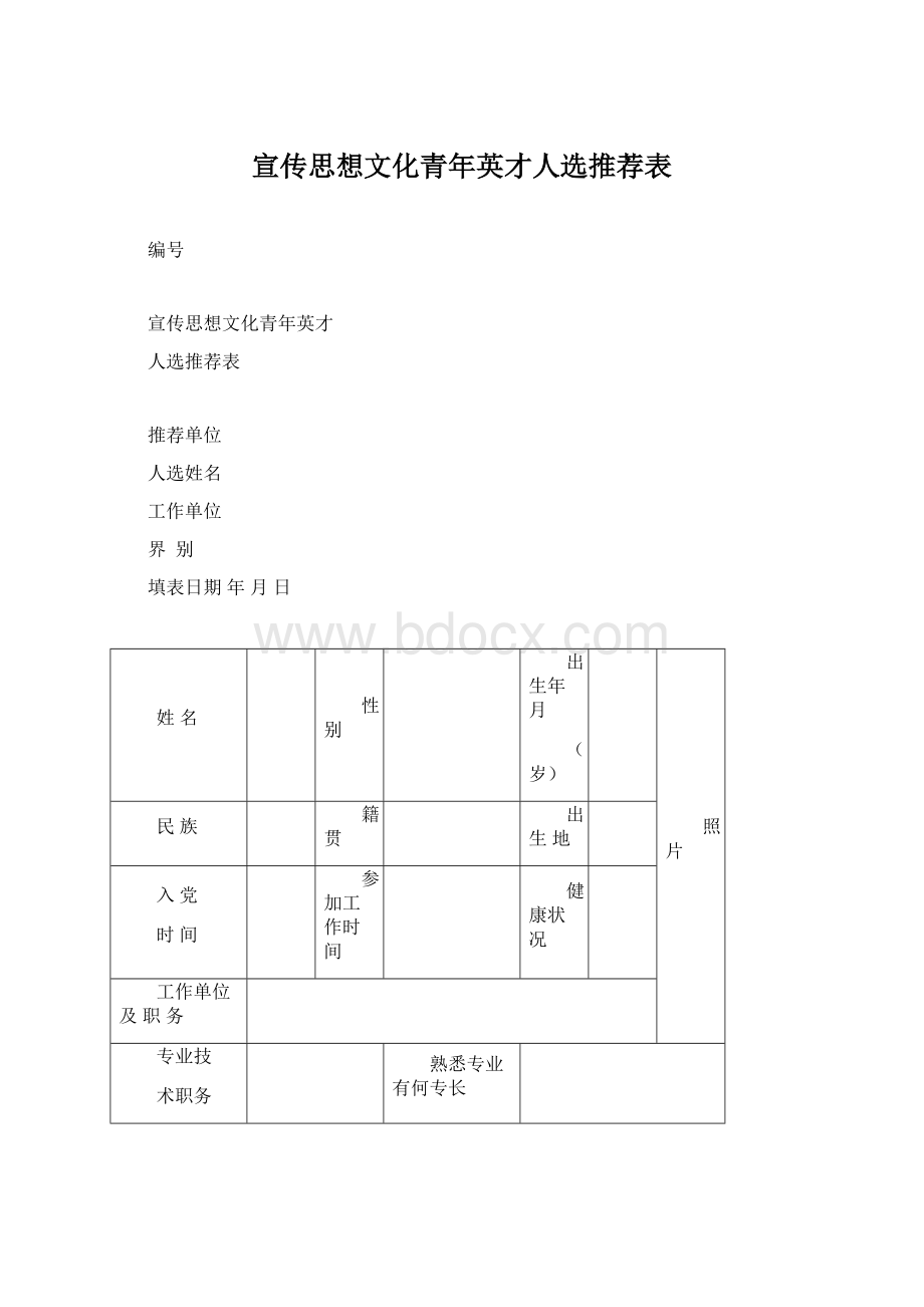 宣传思想文化青年英才人选推荐表Word文件下载.docx