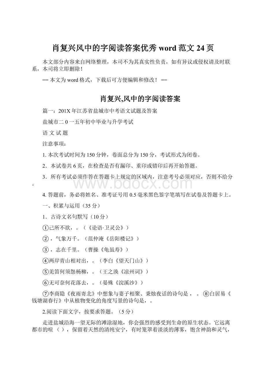 肖复兴风中的字阅读答案优秀word范文 24页.docx