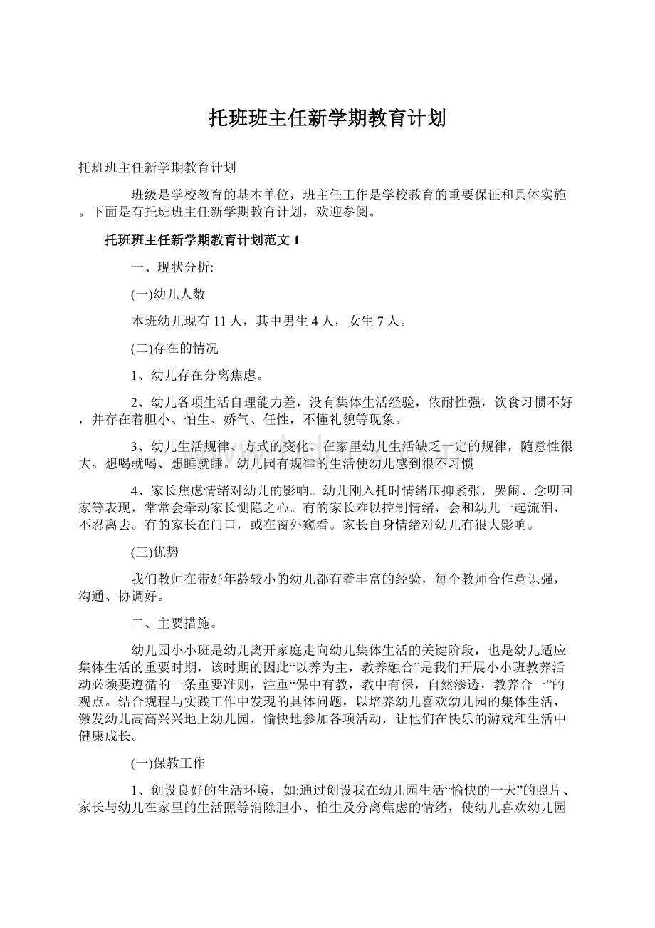 托班班主任新学期教育计划.docx_第1页