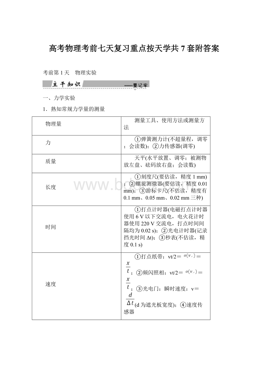 高考物理考前七天复习重点按天学共7套附答案Word格式文档下载.docx_第1页