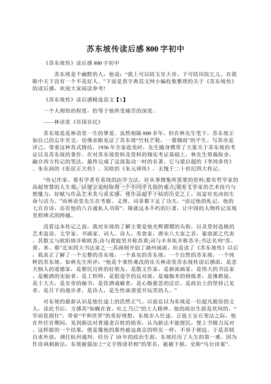 苏东坡传读后感800字初中.docx