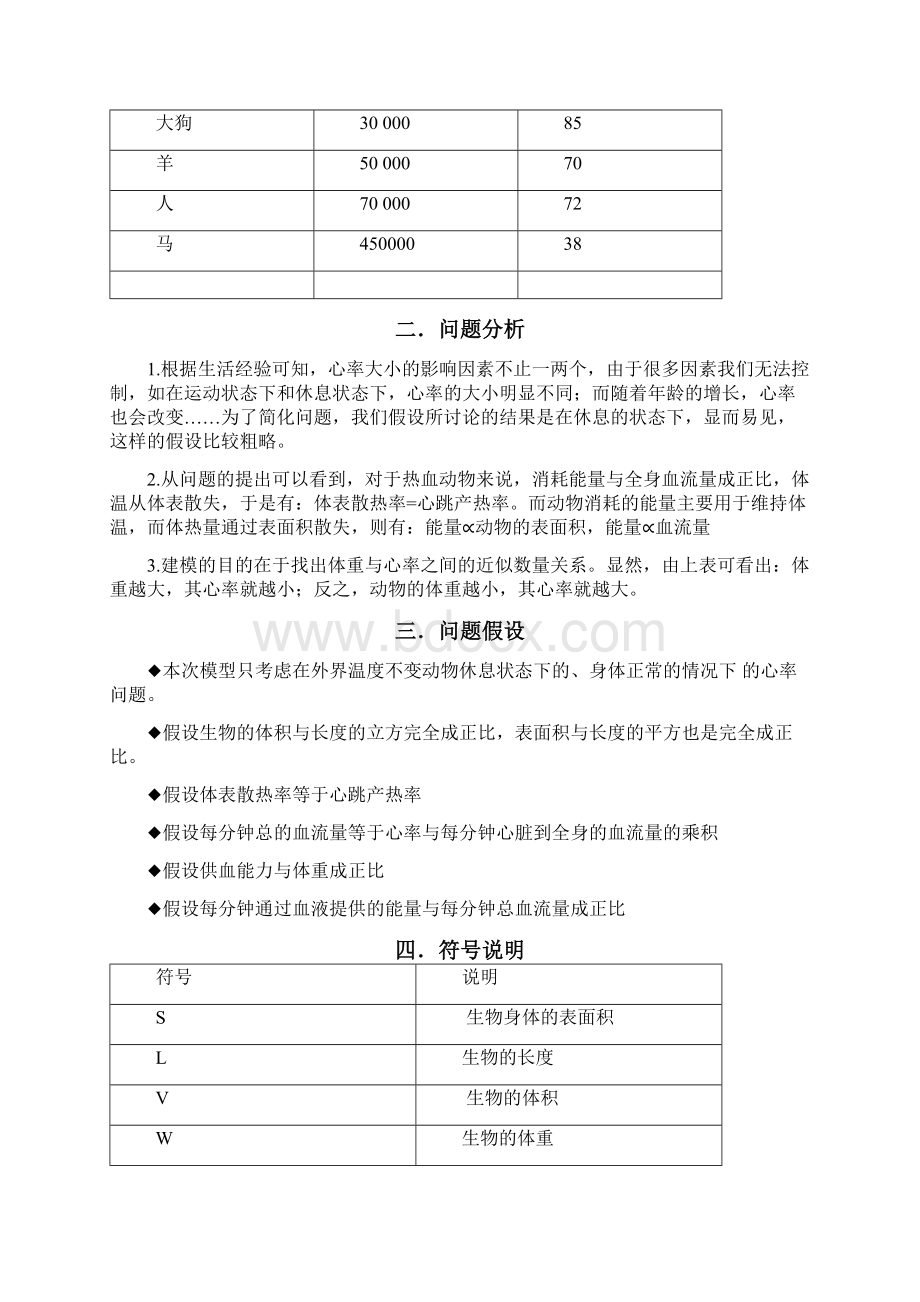 关于生物心率及体重之间的关系建立初等模型Word文档格式.docx_第2页