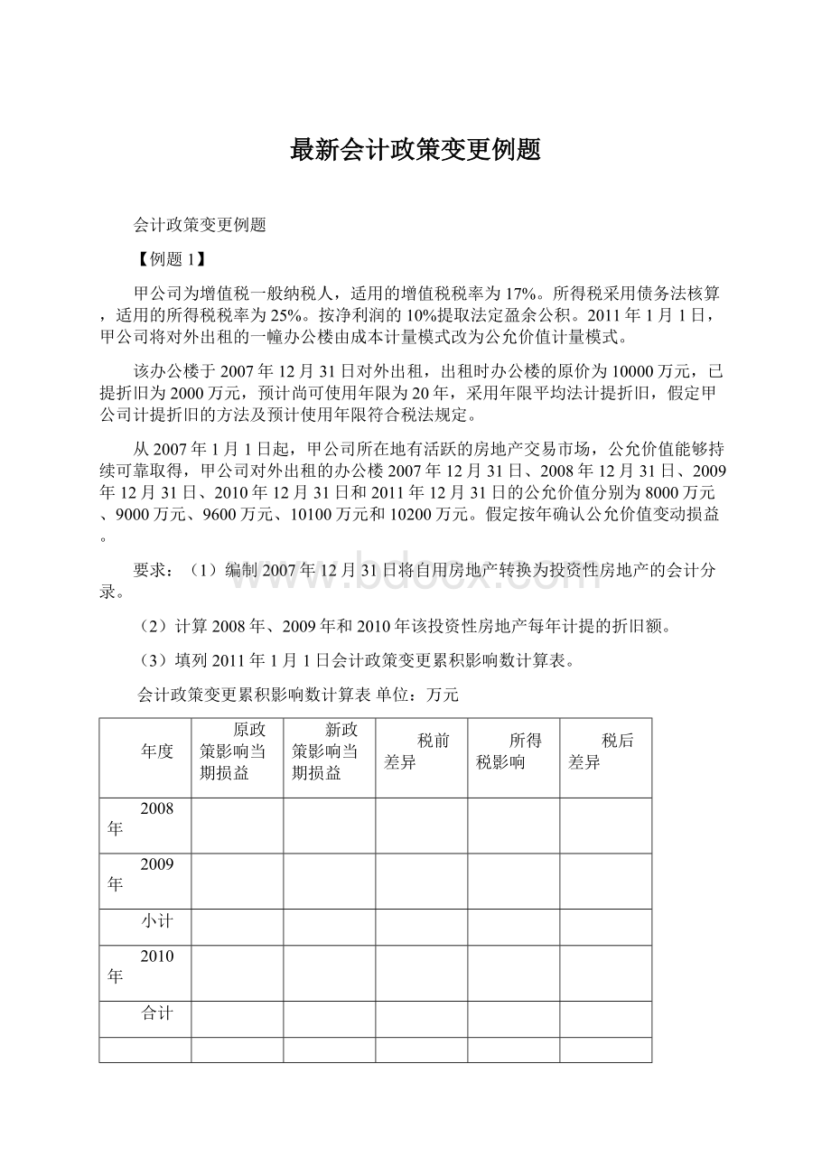 最新会计政策变更例题Word文档下载推荐.docx_第1页