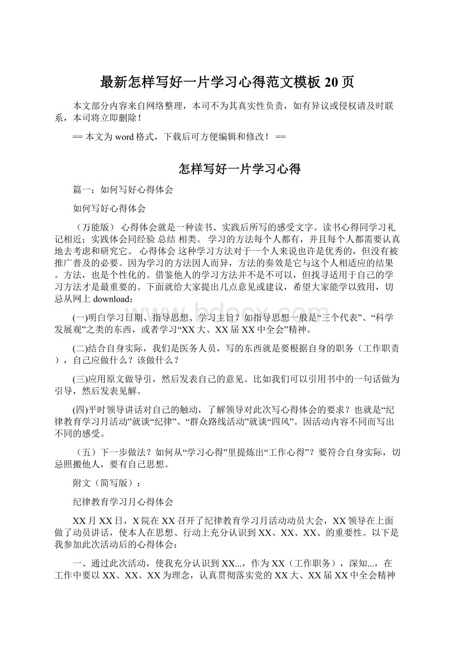 最新怎样写好一片学习心得范文模板 20页Word格式文档下载.docx