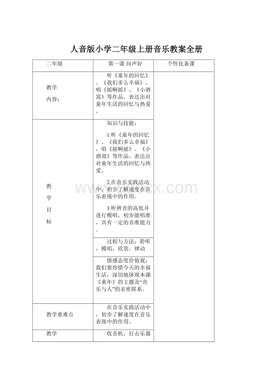 人音版小学二年级上册音乐教案全册Word文档下载推荐.docx_第1页