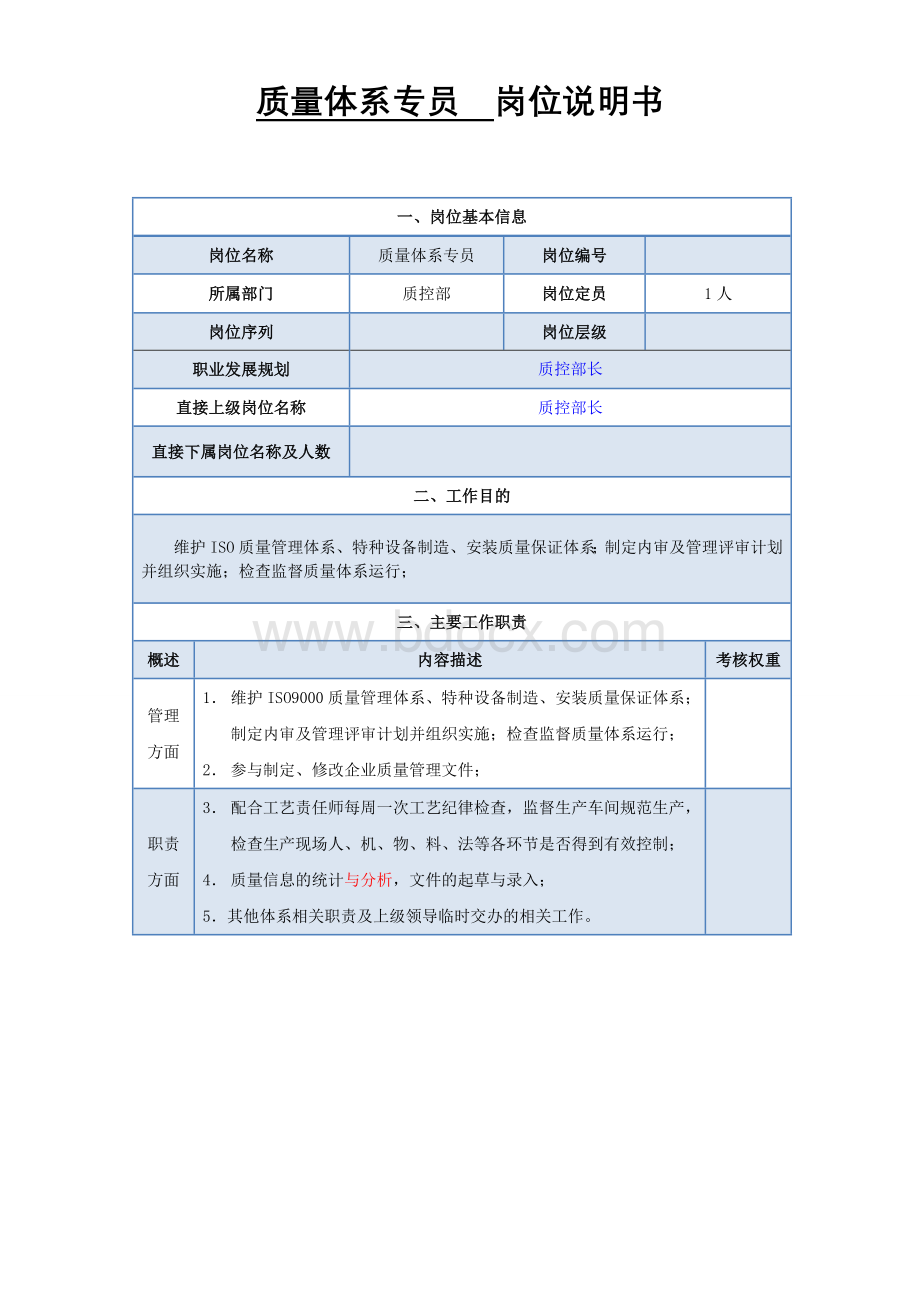 质量体系专员岗位说明书Word文件下载.doc