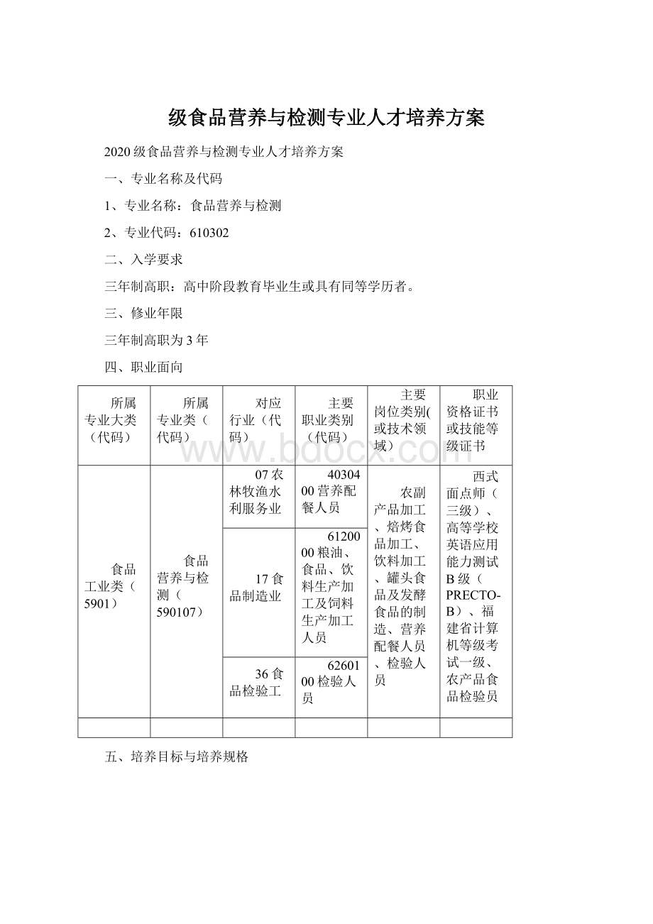 级食品营养与检测专业人才培养方案Word格式文档下载.docx_第1页