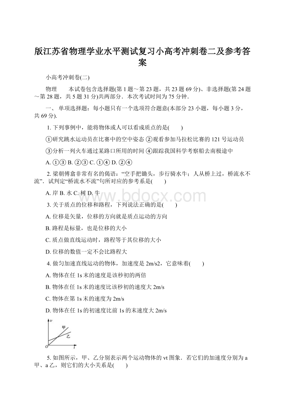 版江苏省物理学业水平测试复习小高考冲刺卷二及参考答案文档格式.docx_第1页