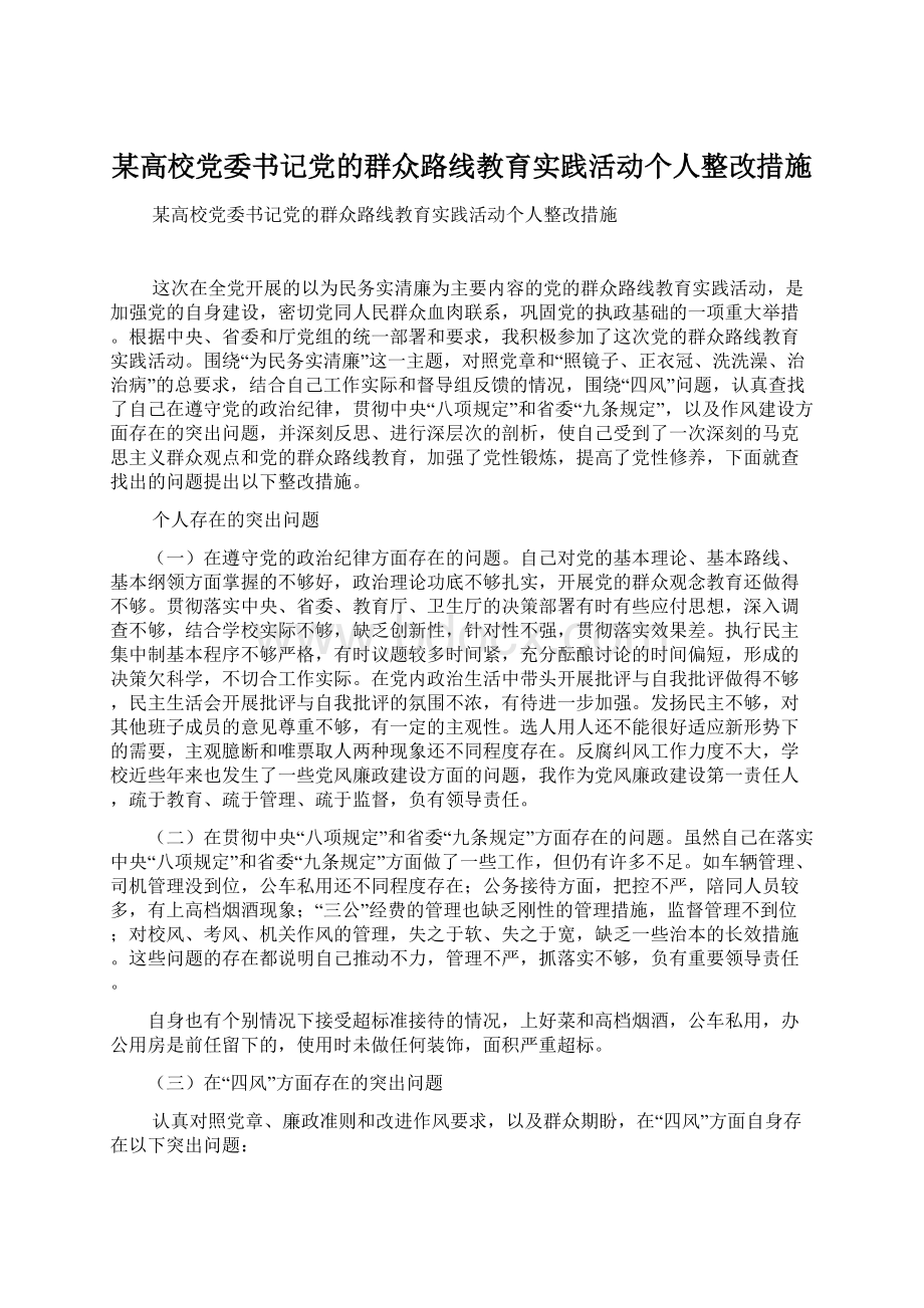 某高校党委书记党的群众路线教育实践活动个人整改措施文档格式.docx