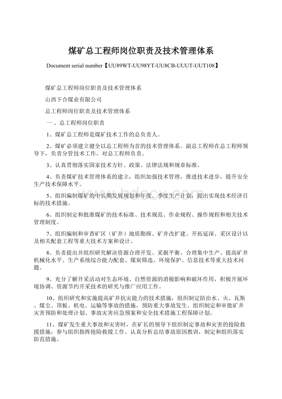 煤矿总工程师岗位职责及技术管理体系Word文档格式.docx_第1页