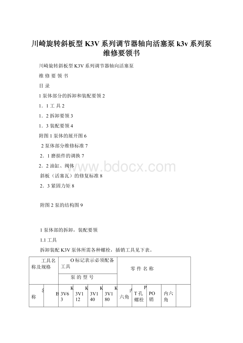 川崎旋转斜板型K3V系列调节器轴向活塞泵k3v系列泵维修要领书Word格式.docx_第1页