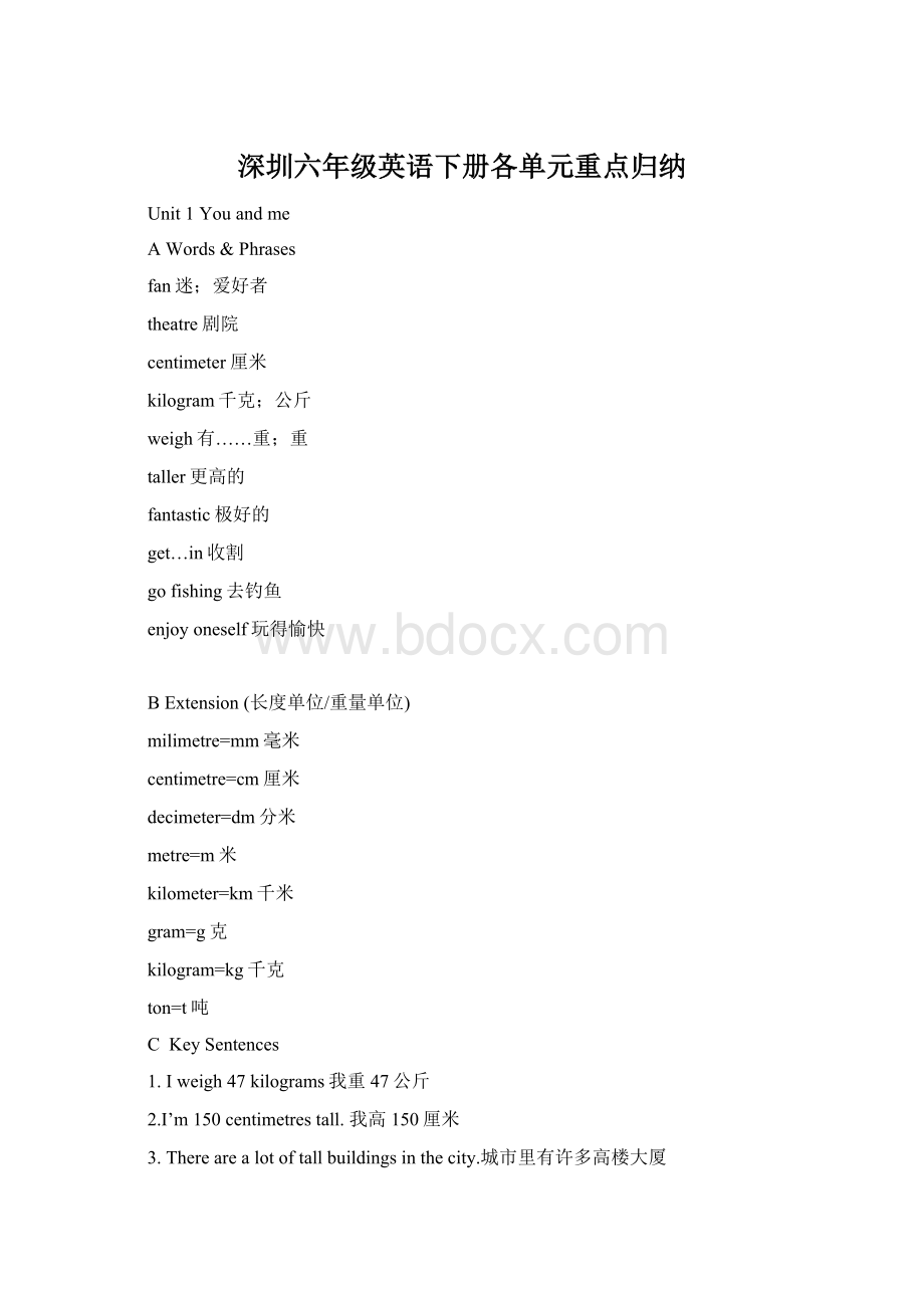 深圳六年级英语下册各单元重点归纳Word文档格式.docx_第1页