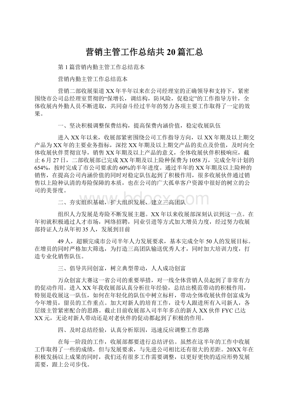 营销主管工作总结共20篇汇总文档格式.docx