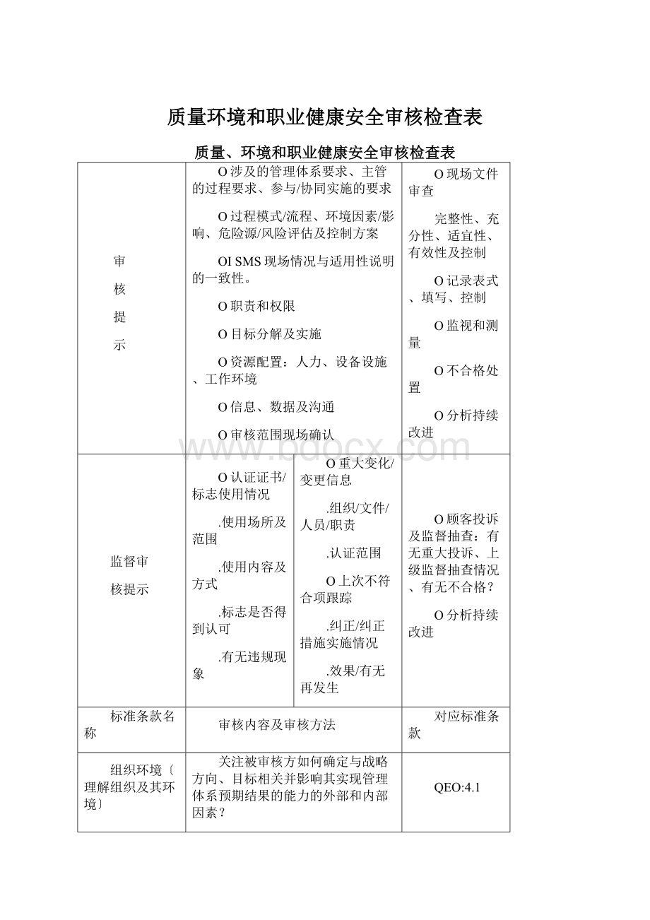 质量环境和职业健康安全审核检查表Word文件下载.docx