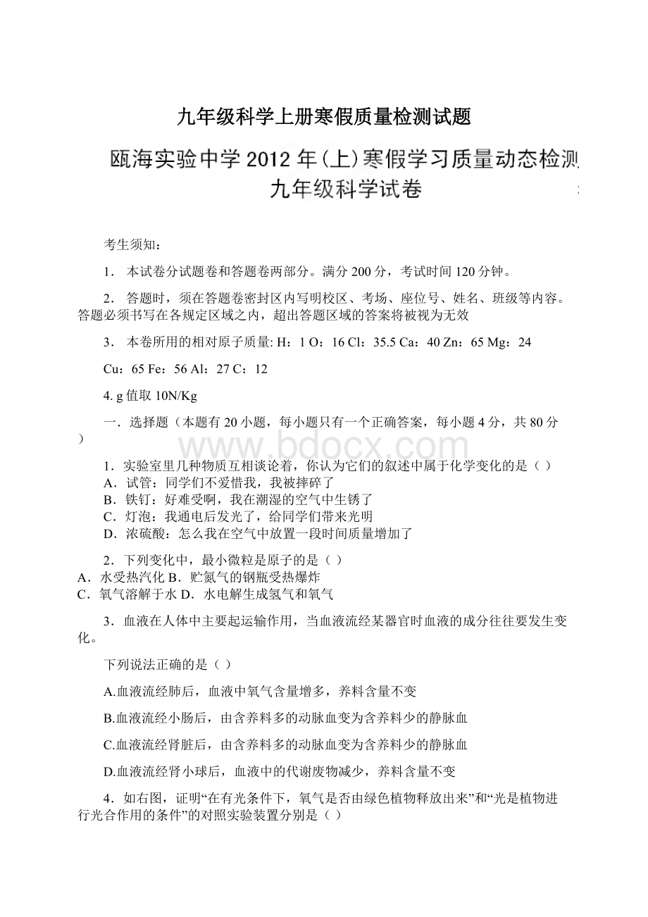 九年级科学上册寒假质量检测试题.docx_第1页